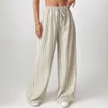 High-waisted striped wide-leg pants with elastic drawstring waist and vertical patterns - S / Bottoms / Beige and Brown Striped