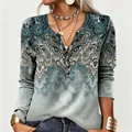 Détail du haut décontracté à manches longues pour femmes avec imprimé paisley ethnique et col V - S / Hauts / Aqua