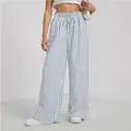 Pantalones de pernera ancha con rayas verticales azules y blancas y cordón para mujer - S / Bottoms / Rayado Azul Y Blanco