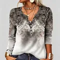 Detailed view of women's V-neck top with retro ethnic paisley print and front buttoning - Khaki
