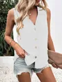 Elegant white V-neck sleeveless chiffon vest with decorative buttons for women - S / Tops / White