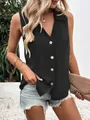 Elegant black sleeveless V-neck chiffon top featuring lapel collar and front button detail - S / Tops / Black