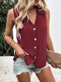 Wine red V-neck lapel sleeveless chiffon blouse for women, elegant summer tank top - S / Tops / Burgundy