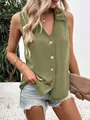 Elegant olive green sleeveless chiffon blouse featuring V-neck and button details - S / Tops / Army Green