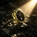 Detailed view of a wide hammered gold adjustable ring with a large oval black agate stone - Adjustable Open / Black Onyx Style
