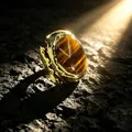 Close-up of a gold wide band ring with a large oval tiger's eye stone on a rock - Adjustable Open / Tiger's Eye Style