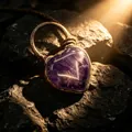 Gros plan d'un pendentif en améthyste en forme de cœur avec fil de bronze bohème sur pierres sombres - En Forme de Cœur / Améthyste