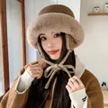 Stylish brown plush bucket hat with warm ear flaps and knit tie for women's winter - 56-58cm / Brown