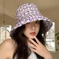 Fashionable purple gingham bucket hat with black heart pattern and wide sun protection brim - 56-58cm / Purple