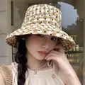Stylish women's wide-brim bucket hat featuring a heart plaid pattern for sun protection - 56-58cm / Yellow