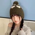 Korean retro heart pom-pom knitted beanie for women in olive green for winter warmth - 56-60cm / Army Green