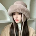 Premium warm plush winter bucket hat with earflaps in soft beige pink for women - 56-58cm / Mocha