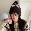 Vintage warm brown knit hat with white heart patterns and a cute pom-pom for winter - 56-60cm / Coffee