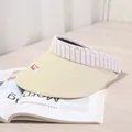 Women's straw sun visor hat featuring a cute puppy patch and striped fabric headband - 56-58cm / Beige (Pink Stripes)