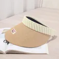 Stylish straw-woven sun visor hat for women featuring a cute puppy patch and stripes - 56-58cm / Khaki