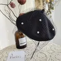 Retro black wool beret hat with elegant pearl embellishments and delicate mesh veil - 54-58cm / Pearl Mesh Style / Black