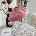 Vintage pink wool beret hat with elegant pearls and black mesh veil detail. - 54-58cm / Pearl Mesh Style / Pink