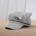 Cute plaid octagonal baker boy hat with cat ears and small bear accent for women - 56-59cm / Black