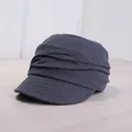 Stylish navy blue pleated linen cadet cap for women with breathable fabric design - 56-59cm / Gray