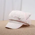 Cute pink and white striped cat ear plaid newsboy hat for women, spring fashion accessory - 56-59cm / Pink