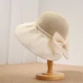 French retro straw hat with organza bow, elegant beige wide brim sun hat for beach outings - 56-58cm / Beige