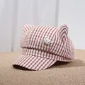 Cute red and white plaid newsboy cap with cat ears and small bear patch for girls - 56-59cm / Red