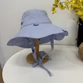 Light blue gingham sun hat with wide brim and chin straps for summer beach vacation - 56-58cm / Blue