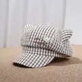 Cute vintage plaid newsboy beret cap with cat ears and cartoon embroidery for women - 56-59cm / Brown