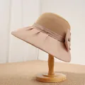 French retro organza bow straw hat in nude pink for women, foldable sun protection hat - 56-58cm / Khaki