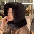 Women's cozy winter plush hood hat with faux fur trim for ear and neck warmth protection - One Size / Black
