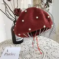 Red wool beret with pearls and mesh veil detail for vintage look - 54-58cm / Pearl Mesh Style / Brick Red