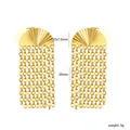Detailed view of gold-plated fan-shaped stud earrings featuring long chain tassels - Radial Fan Splicing Tassel Style (EA5E1801G) / Gold