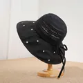 Elegante cappello di paglia francese nero con pois bianchi e fiocco laterale alla moda - Nero