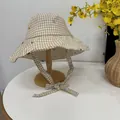 Stylish plaid wide-brimmed sun hat with chin strap bow for summer outdoor beach vacation - 56-58cm / Khaki