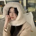 Cozy beige plush hooded scarf hat for winter warmth featuring a soft faux fur trim - One Size / Coffee