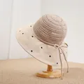 Cappello da sole francese in paglia beige a pois neri e tesa larga per la spiaggia - Kaki