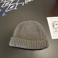 Macro detail of high-quality gray winter knitted beanie with classic ribbed pattern - Approx. 56-58cm (Elastic) / Round Cuffed Landlord Hat / Dark Gray