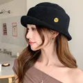Elegant French Hepburn style black knitted bucket hat with gold pin accessory for women - 56-58cm / Black