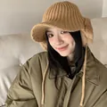 Khaki winter knitted beanie with earflaps and brim, warm thickened hat for women - 56-60cm / Camel