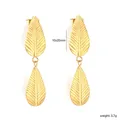 Detail view of gold-plated stainless steel leaf drop earrings with 10x20mm size mark - Double Layer Leaf Vein Texture Style (EA5D8401G) / Gold