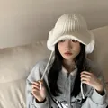 Trendy white winter knitted earflap beanie hat with brim for women warm stylish - 56-60cm / White