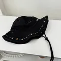 Chapeau bob en denim noir brodé de fleurs avec large bord pour protection solaire - 56-59cm / Noir