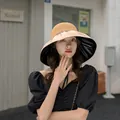 Large brim straw sun hat in beige with black vinyl lining for outdoor UV protection - 55-58cm / With Windproof Rope / Khaki