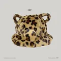 Close-up detail of cute leopard print plush bucket hat featuring bear ears and soft pom-pom - Leopard Print