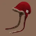 Warm red knit aviator hat with soft brown faux fur lining and ear flaps for winter - 56-58cm / Red