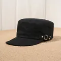 Korean retro style black flat top cadet cap featuring silver rivet and buckle accents - 56-58cm (Elastic) / Black