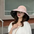 Elegant pink women's wide brim sun hat with black vinyl lining for UV protection - 55-58cm / With Windproof Rope / Pink
