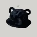 Cozy black plush winter bucket hat featuring adorable decorative bear ears and pom - 55-58cm / Cat Ear Plush Bucket Hat / Black