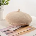 Elegant beige knitted beret hat for women featuring a breathable woven texture and classic style - 56-58cm / Beige