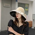 Elegant beige straw sun hat with black vinyl lining and adjustable chin strap - 55-58cm / With Windproof Rope / Beige